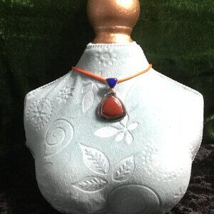 Red Jasper & Lapis Lazuli Silver Artisan Statement Pendant Necklace • Layering